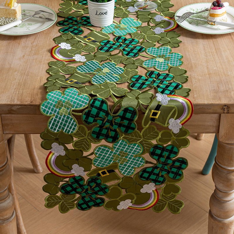 St. Patrick’s Day Table Runner, Embroidered Irish Clover Rainbow Table