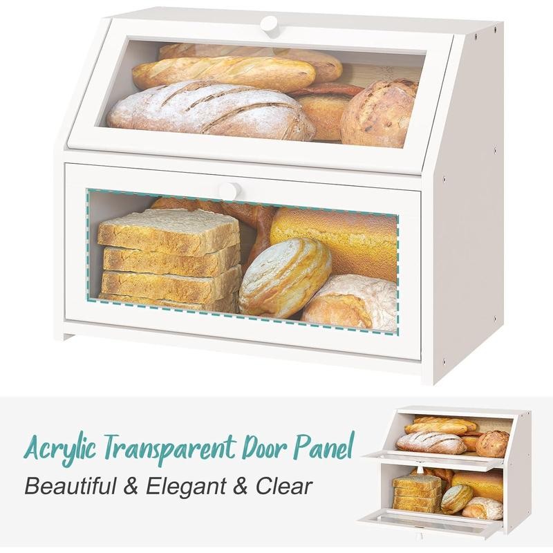 White Large Bread Box for Kitchen Counter, Double Layer Wooden