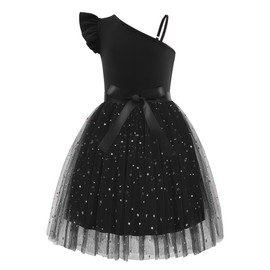 Arshiner Tulle Dress for Girls Summer Formal Party Fancy Special Occasion Pageant Ball Gown Ruffle Sleeve Glitter Midi Sundress Outfits Black