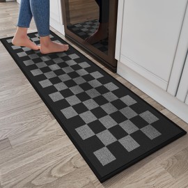 YDKGL Kitchen Runner Rugs Non Slip Washable, Anti Fatigue Super Absorbent Cushioned Kitchen Mats for Floor, Linen-Look Woven Kitchen Sink Mat Standing Mat, Easy Clean, Black Gray Checkered 17"x59"