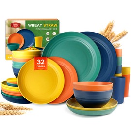 Teivio 32-Piece Kitchen Plastic Wheat Straw Dinnerware Set, Service for 8, Dinner Plates, Dessert Plate, Cereal Bowls, Cups, Unbreakable Colorful Plastic Outdoor Camping Dishes, Autumn Multicolor
