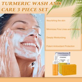 Turmeric Wash and Care 3 Piece Set, Turmeric Trio: Cleansing Mousse, Facial Wash and Soap for Skin Care, Turmeric Cleansing Exfoliating Pads, Turmeric Face Wash for Face and Body