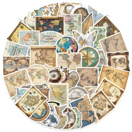 50PCS Vintage Old World Map Stickers for Water Bottles Laptop Journal Scrapbook, Old Paper Style Retro Nautical Travel Decals for Kids Teens Adults, Glueewee Vinyl Waterproof Stickers