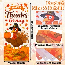 73 x 36 Inch Happy Thanksgiving Banner Door Cover, Fall Harvest Turkey and Pumpkin Themed Porch Sign, Large Front Door Wall Backdrop for Indoor Outdoor Thanksgiving Party Decorations and Photo Booth