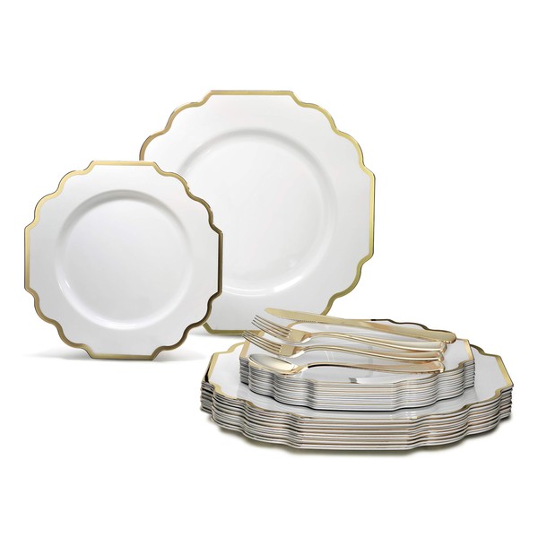 " OCCASIONS " 150 Piece set (25 Guests)-Wedding Plastic Plates & cutlery -Disposable heavyweight Dinnerware 10.5'', 8'' + Silverware w/double fork (Imperial White & Gold)