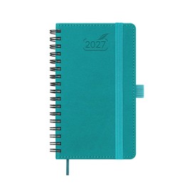 BEZEND Pocket Diary 2027 A6 Week to View Spiral 15.5 x 9 cm. Horizontal Weekly Planner with Pen Holder & Inner Pocket, Slim Appointment Diary for Work Travel Home, Vegan Leather Softcover, Turquoise