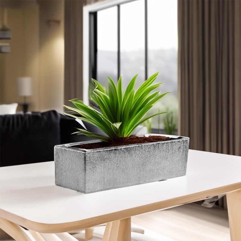 WGVI Long Rectangle Ceramic Planter Vase in Silver Etched 14"