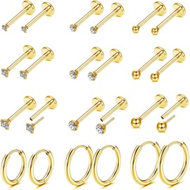 Adramata 12 Pairs Earrings Sets for Women Hypoallergenic 14K Gold Plated Small Huggie Hoop Earrings, Tiny Ball CZ Gold Flat Back Studs for Multiple Piercing Cartilage Helix Tragus Earrings
