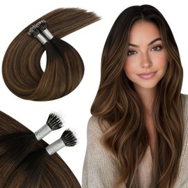 Ugeat Nano Hair Extensions Human Hair Brown Balayage Nano Beads Hair Extensions for Women Balayage Dark Brown Mix Medium Brown Real Human Hair Extensions 16inch 50G 50S