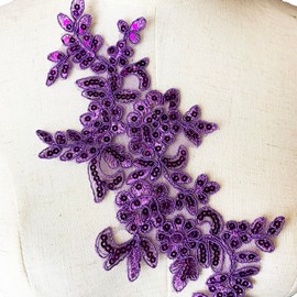 Heyiwell Purple Sequin Embroidered Applique Flower Patches for Sew on Bridal Wedding Ballet Dress Lace Decor 1 Pair, 11"x3.93" Inch