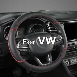GIANT PANDA PU Leather Steering Wheel Cover Compatible with VW Compatible with Volkswagen Round Steering Wheels - Non-Slip Breathable Black+Red