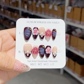 Almond Press on Nails Short Fake Nails with 3D Flower French Glue on Nails Designs Handmade Press on Nails Wine Red Glossy False Nails Full Cover Thick Acrylic Nails for Women DIY Nails (S)