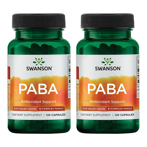 Swanson PABA - Powerful B Complex Supporting Red Blood Cell Formation - Folic Acid Component Aiding Supply Oxygen to Cells and Skin Health Support - (120 Capsules, 500mg Each) 2 Pack