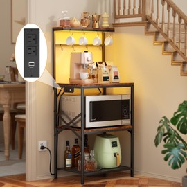 Kitchen Bakers Rack with Power Outlet & LED Lights, Small Coffee Bar Table with Adjustable Storage Shelf, 4 Tiers Microwave Stand with 8 Hooks, Coffee Station for Appliance Organizer, Rustic Brown