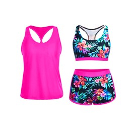 Yonique 3 Piece Athletic Tankini Swimsuits for Women with Shorts Swim Tank Tops with Sports Bra and Boyshorts Bathing Suits Colorful Floral 01 L