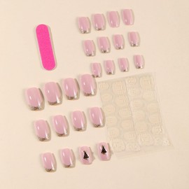 LOPMNGHT Christmas Pink Press on Nails Short Square Christmas Tree False Nails with Gold Glitter Powder Design French Glue on Nails Winter Xmas Acrylic Nails Full Cover Stick on Nails for Women