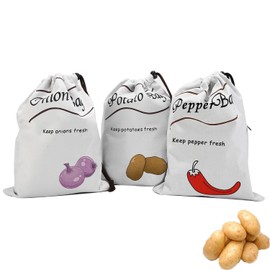 Potato Onion Storage Bags 3PCS ， Reusable Canvas Vegetable Produce Bags with Drawstring Closure for Fresh Keeping, Organizing Pantry, Kitchen Storage (36 * 26 CM)