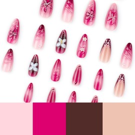 24Pcs Red Gradient Almond Press on Nails Medium Length Fake Nails Spring Summer False Nails with 3D Water Ripple Flower Design French Tip Nails Press ons Artificial Nails Glue-Free Nails for Women