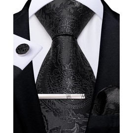 DiBanGu Mens Silk Black Paisley PreTied Necktie and Pocket Square Cufflinks Tie Clip Set Adjustable Zipper Ties Formal