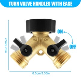 ENNSOO 2 Pack Garden Hose Splitter 2 Way, Heavy Duty Brass Connector Tap Splitter, Y Connector Brass Garden Hose Adapter with 2 Valves & 2 Extra Rubber Washers, Water Hose Splitter, Zero Leaks