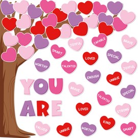 JarThenaAMCS 61Pcs Valentine's Day Classroom Tree Bulletin Board Decorations Red Pink Purple Conversation Heart Cutouts for Classroom School Office Chalkboard Wall Decor