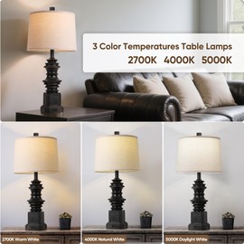 QiMH Table Lamps for Nightstand Set of 2, Bedside Lamp with USB A+C Charging Ports, Farmhouse Table Lamps with White Fabric Lampshade, Lamps for Living Room and bedroom with 3 Color Modes Bulbs, Black