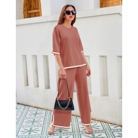 Faleave Womens Knit 2 Piece Sweater Sets Short Sleeve Pullover Tops Elastic Waist Wide Leg Pants Lounge Set(Rust-M)