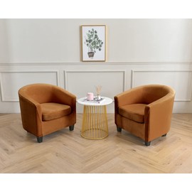 NILUOH Velvet Club Chair Slipcover 2 Piece Stretch Tub Chair Cover Round Barrel Chair Covers Non Slip Armchair Covers Couch Covers with Elastic Bottom for Bar Counter Living Room(Camel)