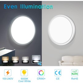 7 Inch LED Flush Mount Ceiling Light Fixture, 6000K Cool White, 1500LM, 12W, Flat Modern Round Lighting Fixture, 120W Equivalent White Ceiling Lamp for Kitchens, Bedrooms.etc.