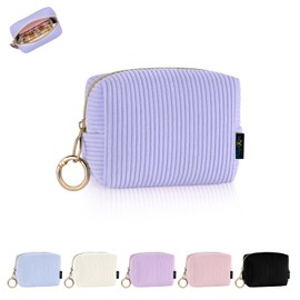 Playexen Mini Makeup Bag, Corduroy Small Cosmetic Bag for Purse with Ring Buckle, Portable Travel Makeup Pouch for Lipsticks, Chapsticks, Coin, Earphone, Credit Card (Light Purple)