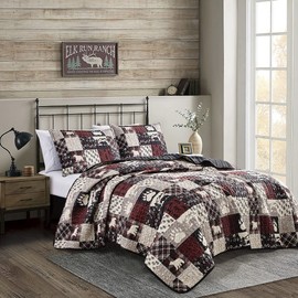 Jaba Western Gray/Beige/Burgundy Big Bear Paw Print Bedspread 3 Piece National Forest Theme Cabin Lodge Ranch Design Coverlet Quilt Set-22309 (King)