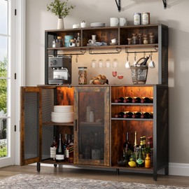 Loomie Wine Bar Cabinet with LED Lights, Industrial Coffee Bar with 3 Storage Compartments & Wine Rack &Glass Holder,Sideboard Buffet for Liquor and Glasses,Liquor Cabinet,Rustic Brown