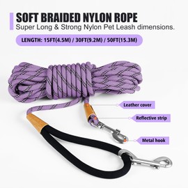 lynxking Long Dog Leash Reflective 15ft 30ft 50ft Check Cord Training Lead Padded Handle Heavy Duty Rope for Puppy Small Medium Large Dogs (Light Purple, 30ft x 3/8inch)
