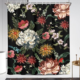 Coxila Floral Shower Curtain Boho Plant Watercolor Flowers Spring Colorful Black Dark Vintage Cute Art Decorative Blossom Shower Bathroom 72x84 Inch Polyester Fabric Waterproof 12 Pack Hooks