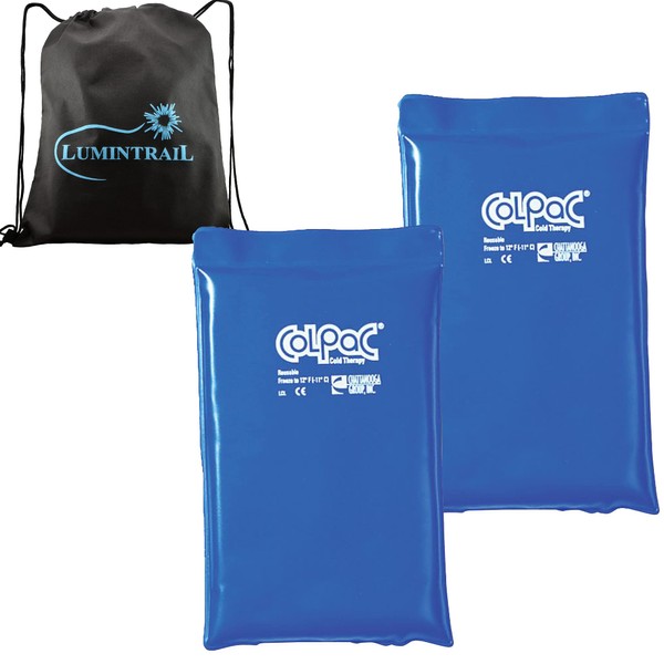 Chattanooga ColPac, Reusable Gel Ice Pack for Cold Therapy, Half Size 2 Pack Bundle, Blue Vinyl, with a Lumintrail Drawstring Bag