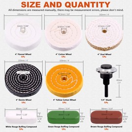 Tanstic 9Pcs 4'' Buffing Polishing Wheels Set Soft(30Ply)/ Fine(50Ply)/ Medium(38Ply)/ Coarse 1/2" Thick with 1/2" Arbor Hole with 1/4" Shank and 3Pcs Polishing Compounds for Bench Grinder or Drill
