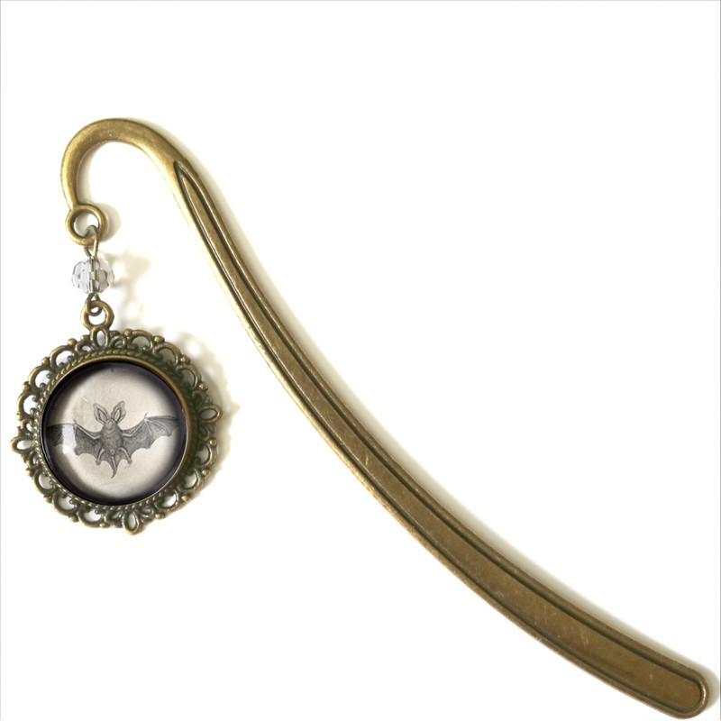 Victorian Bat Goth Brass Bookmark with Reversed Decoupage Glass Cabochon