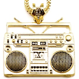 GWOOD Boom Box Gold Color Pendant with 36 Inch Franco Necklace Cassette
