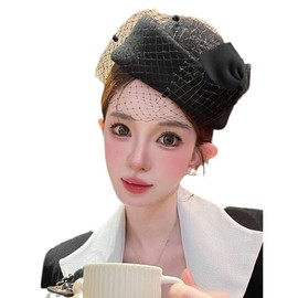 Wedding Hat with Veil Vintage Bow Fascinator Hats for Women (AU, Alpha, One Size, MM1413Black)