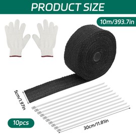 Heat Protection Tape Exhaust 10 m x 5 cm, Exhaust Sealing Tape with 10 Pieces Stainless Steel Cable Ties and Gloves, Heat Protection Tape for Exhaust Manifolds of Motorcycles and Cars (Black)