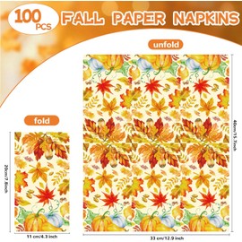 100 PCS Fall Paper Napkins, Autumn Maple Leaves Pumpkin Dinner Party Napkins Disposable Guest Paper Hand Towels Party Supplies for Fall Thanksgiving Harvest Home Dinner Table Bathroom