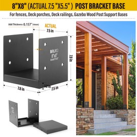 Brukid Stainless Steel 8 x 8 (Actual: 7.5" x 7.5") Deck Post Base, Post Anchor Bracket, Concrete Support Anchor Base for Deck Railing, Fences, Pavilions, Deck Porches (2Pack- Dark Gray)