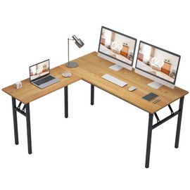 DlandHome Reversible L-Shaped Desk Large Corner Desk Folding Table Computer Desk Home Office Table Computer Workstation,Teak Black-N