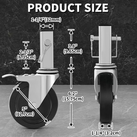 Besitu 5 inches Scaffolding Wheels Set of 4, Baker Scaffold Wheels with Dual Locking Brakes, 1-1/4" Square Tube Stem Rolling Scaffolding Caster, 440LBS Capacity Per Wheel Scaffolding Accessories
