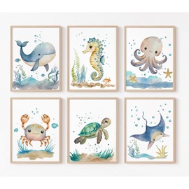 Joocrise Nursery Sea Animal Wall Decor Set of 6 Ocean Watercolor Canvas Wall Art Baby Boys Room Wall Art Ocean Sea Animal Pictures Kids Girl Art Prints Nursery Artwork for Bedroom 8x10 Inch Unframed