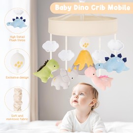 PIIKAGO Dinosaur Crib Mobile – Beige Dino Baby Crib Mobile with 3-Mode Music Box, Nursery Mobile with Triceratops, T-Rex, Volcano, Fits Standard Cribs