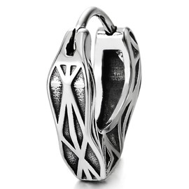 Irregular Grooved Pointed Shape Hoop Earrings Huggie Hinged, Stainless Steel, Vintage, Men Women, No Gemstone