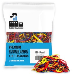 Assorted Color Rubber Bands, Yellow, Red & Blue Bands, Rubber Band Depot, Multi Color Rubber Bands, Assorted Sizes, For School, Office Or Home - 1 Pound Bag