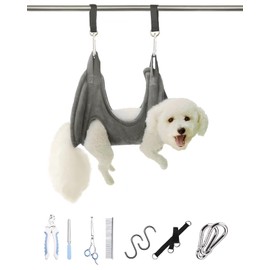 Dog Grooming Harness, Multifunctional Cats and Dogs Grooming Hammock, Pet Beauty Assistant, Nail Scissors/Nail Trimmer/Round Head Scissors (Medium grey)