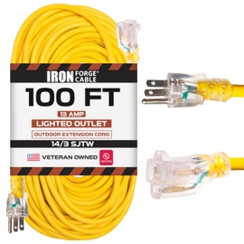 Iron Forge Cable Lighted Outdoor Extension Cord 100 ft - 14 Gauge 13 Amp Heavy Duty Power Extension Cords - SJTW - Great for Major Appliances, Power Tools, Garden Supplies - Yellow
